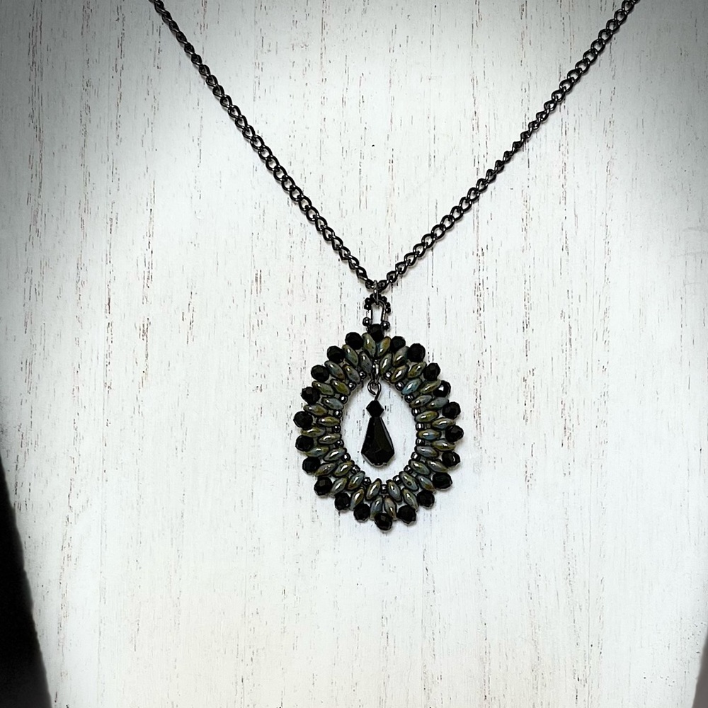 Beaded pendant necklace -superduo beads, Black onyx beads and swarovski crystal